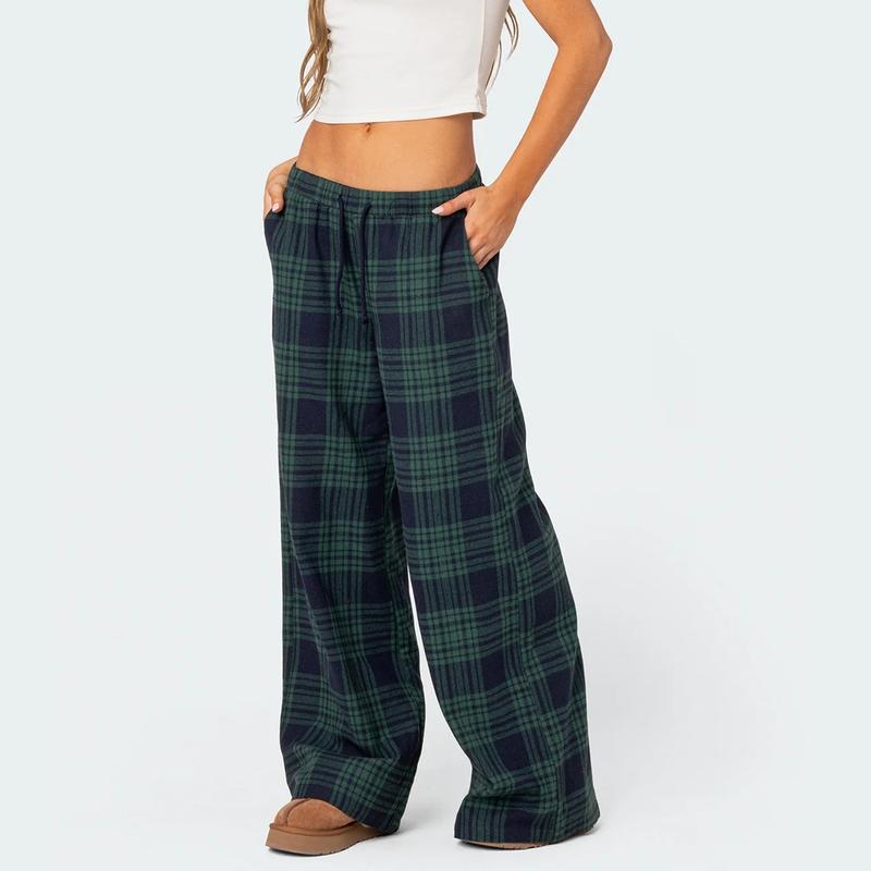 Comfy Pajama Pants for Women Plaid Elastic Waist Wide Leg Lounge Pants Casual Drawstring Loose Bottoms Sleepwear