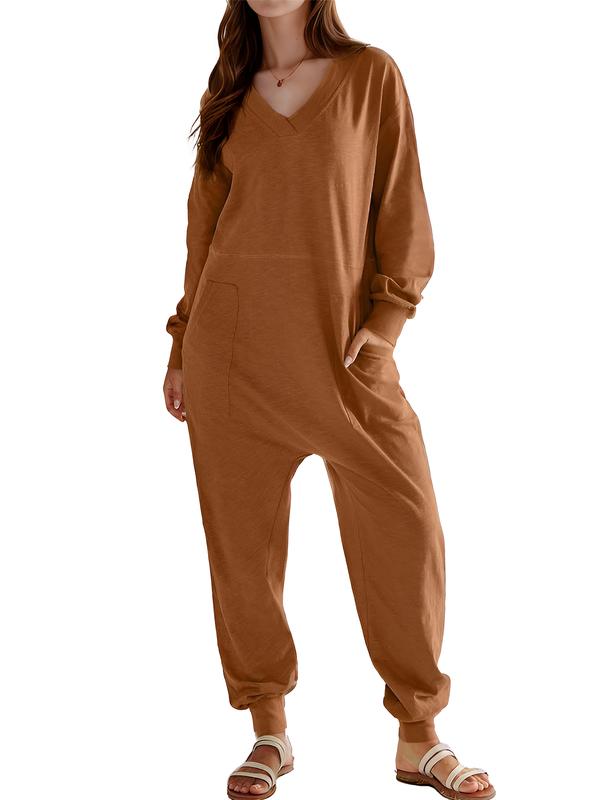 DRESSIN [Orange,Khaki,Black, size XS-XL] Women Cozy Loose Versatile Easy-on Cuffed Knit Solid V-Neck Loose Stretchy Brown Long Sleeve Jumpsuit with Pockets and Tapered Legs Soft and Comfortable for Fall and Winter Lounge wear