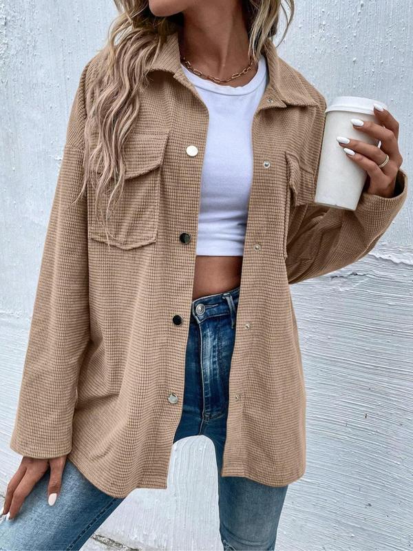  Solid Button Front Pocket Drop Shoulder Coat, Casual Long Sleeve Collared Outerwear Jackets for Fall & Winter, Women's Clothes for Daily Wear for Christmas