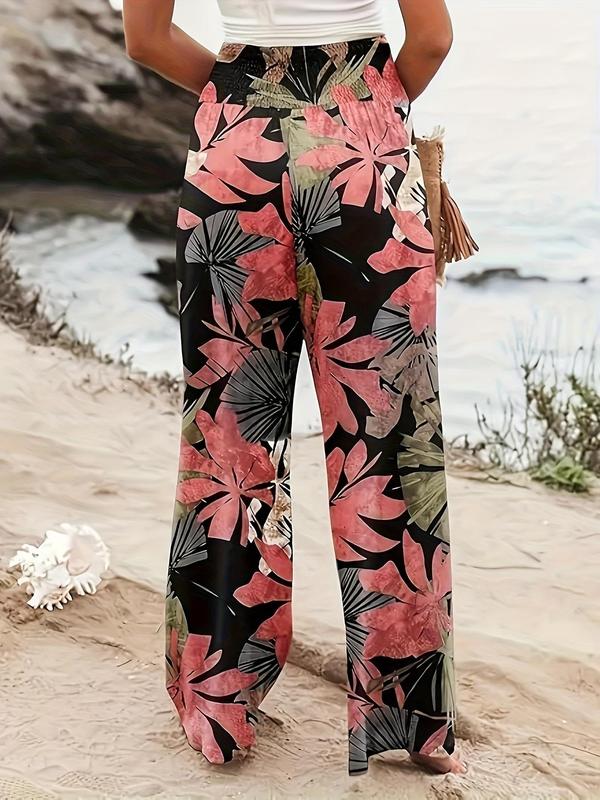 Women's Patchwork Print Elastic Waist Wide Leg Pants, Boho Casual Trousers for Beach Vacation Holiday, Ladies Bottoms for All Seasons, Preppy 80s Clothes