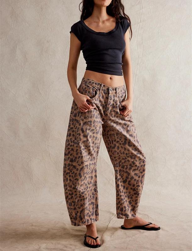 Women's Baggy Barrel Jeans Mid Rise Leopard Printed Wide Leg Denim Casual Boyfriend Ankle Pants