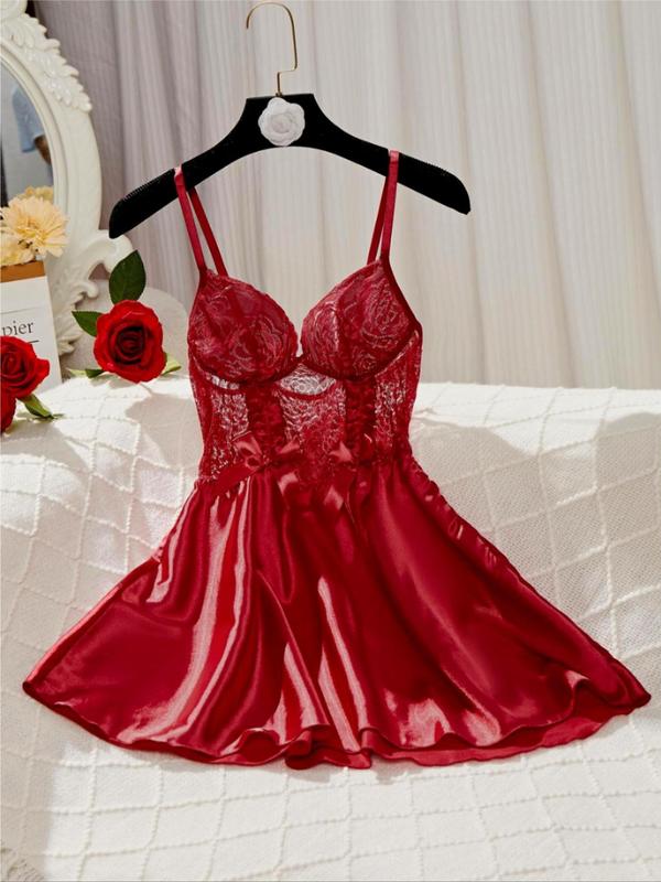 Women's Bow Front Contrast Lace Frill Trim Sheer Cami Nightdress & Open Front Robe Pyjama Two-piece Set, Elegant Comfy Spaghetti Strap Nightgown & Long Sleeve Robe Set,  Pajama Sets Women, Ladies Sleepwear