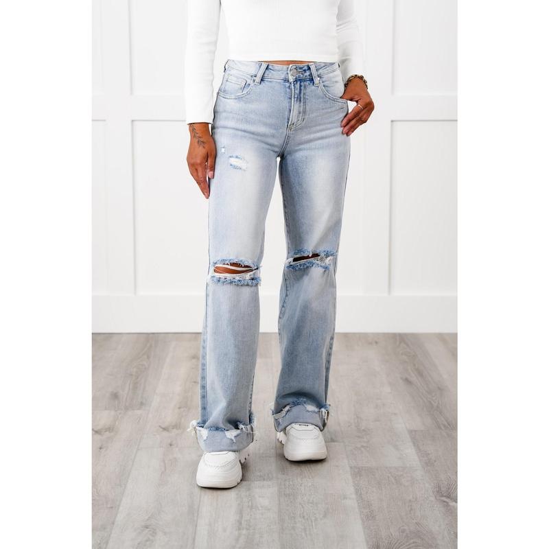 Freckled Poppy x Risen High Rise Light Wash Distressed Straight Leg Jeans