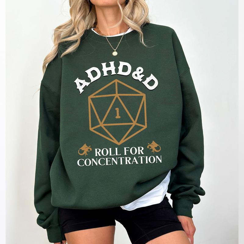 ADHD&D Roll for Concentration Shirt, ADHD Unisex Tee DnD Shirt, Dungeons and Dragons Dnd T-shirt, DnD Vintage Tee, RPG Gift, Dungeons and Dragons Dnd Sweatshirt Hoodie