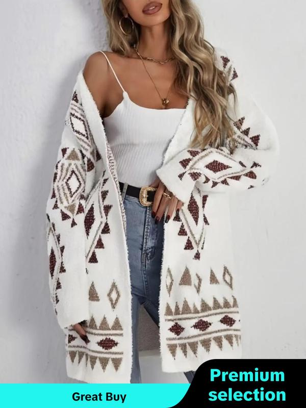 Womenswear Geometric Print Drop Shoulder Cardigan, Lady Casual Long Sleeve Open Front Knitwear for Fall & Winter, Fashion Ladies' Knit Clothing for Daily Wear, Cardigan for Women