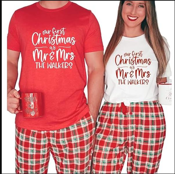 Our First Christmas As Mr And Mrs Christmas Shirts, 1st Married Christmas Couple Outfits, His and Her Christmas Shirts For Couple, Just Married Christmas Couples Pajamas Matching