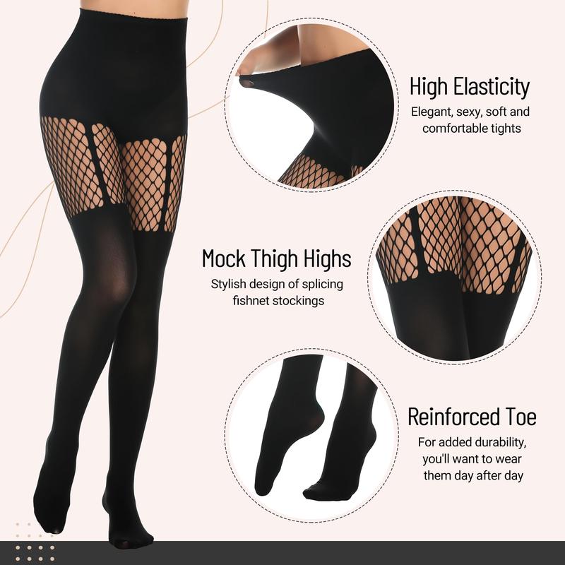 Womens Faux Thigh High Fishnet Stockings Stitching Opaque Pantyhose Mock Over the Knee Goth Striped Suspender Tights