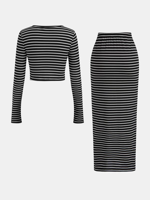 YOZY [size 4-14] Striped Print Crop Top & Split Thigh Skirt Set, Casual Long Sleeve Square Neck Top & High Waist Bodycon Skirt for Fall Holiday, 2024 Women's Spring & Fall Outfits for Daily Wear, [S-XXL]