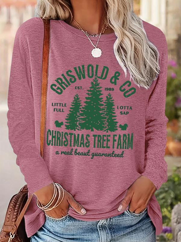 Women's Christmas Tree & Letter Print Round Neck Sweatshirt, Casual Long Sleeve Crew Neck Pullover for Fall & Winter, Women's Clothes for Daily Wear