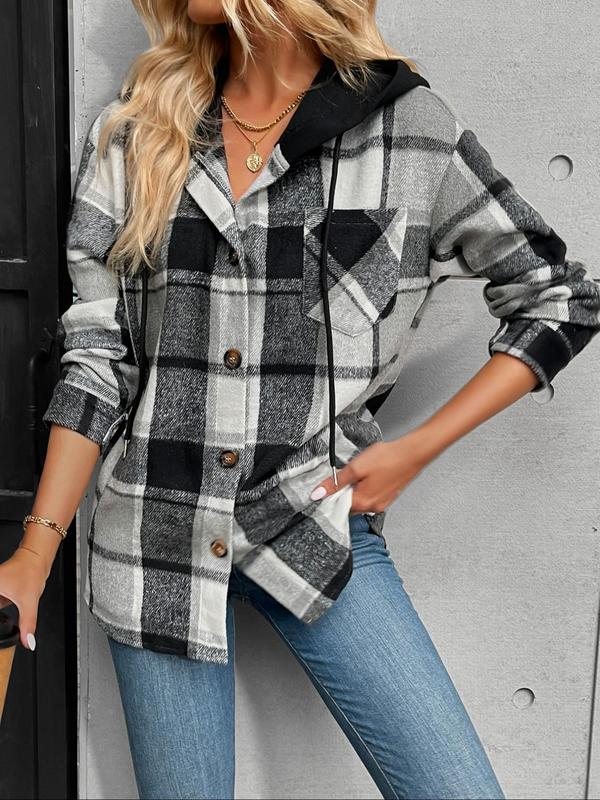 Women's Plaid Print Button Front Drawstring Hooded Coat, Casual Long Sleeve Drop Shoulder Pocket Outerwear for Fall & Winter, Ladies Clothes for Daily Wear