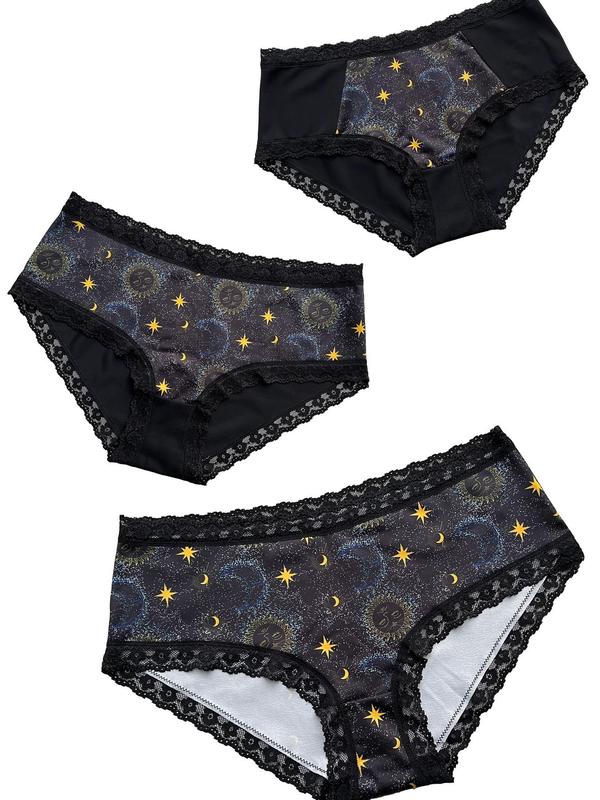 Plus Size Galaxy Print Contrast Lace Knicker, Casual Soft Comfy Panty for Daily Wear, Women's Underwear for All Seasons