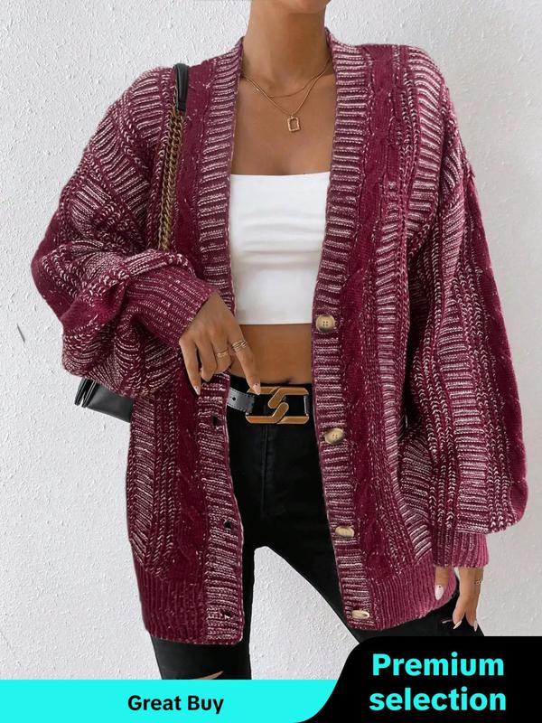 Women's Textured Lantern Sleeve Button Front Cardigan, Casual V Neck Long Sleeve Chunky Cardigan, Ladies Knitwear for Fall, Daily Wear, Comfort Cardigan for Women