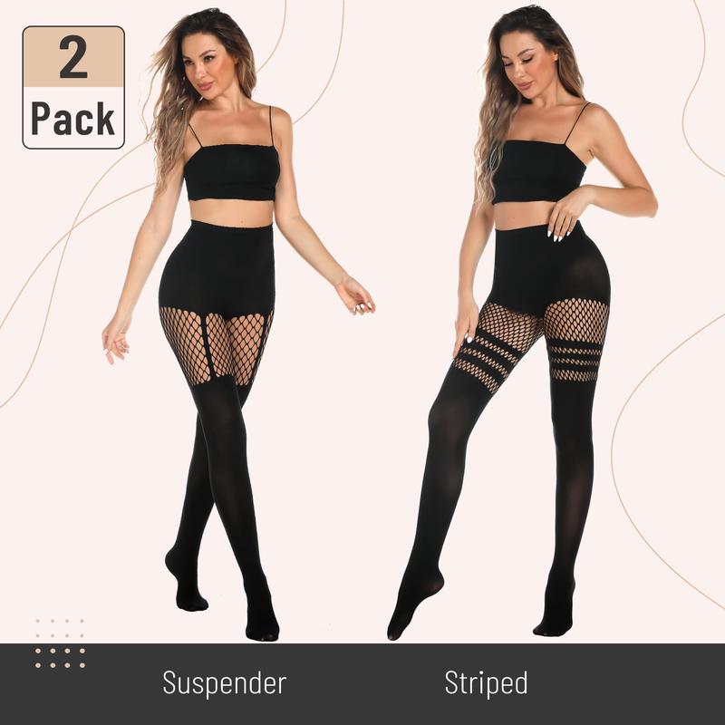 Womens Faux Thigh High Fishnet Stockings Stitching Opaque Pantyhose Mock Over the Knee Goth Striped Suspender Tights