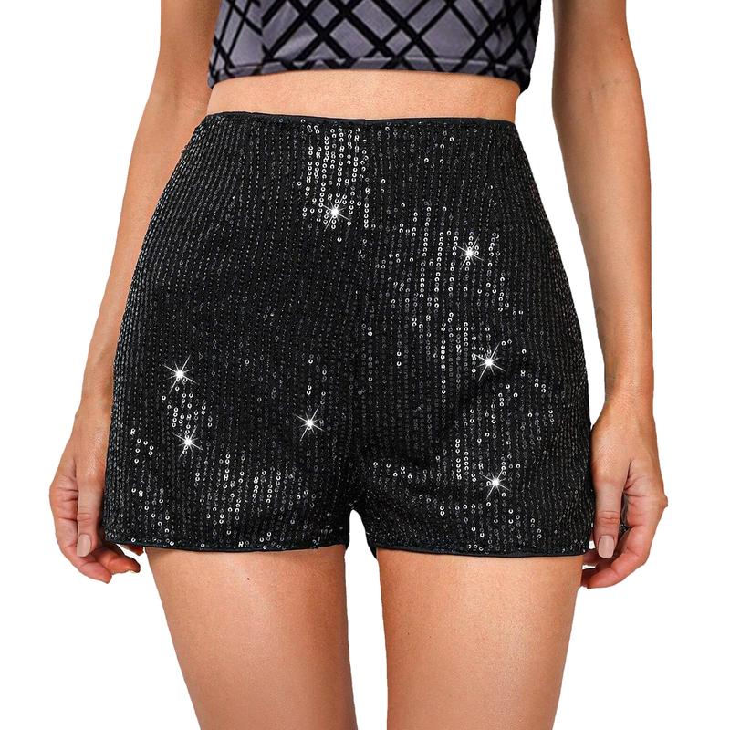 Women's Summer Sequins Shorts Mid Waist Elastic Band Sparkly Straight Leg Shorts Glitter Hot Pants for Party