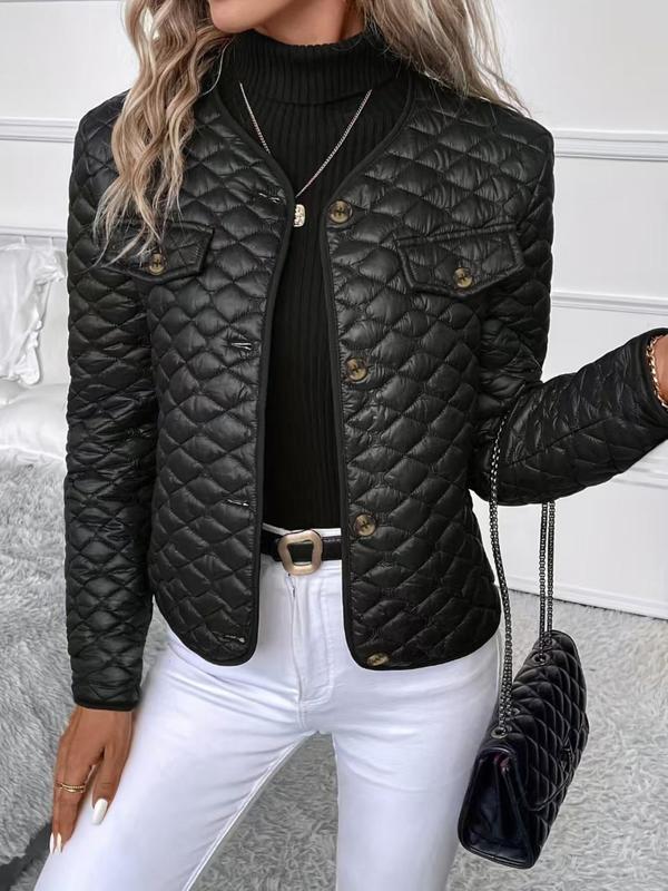 Women's Solid Color Quilted Button Front V Neck Jacket, Casual Long Sleeve Outerwear for Fall & Winter, Ladies Clothes for Daily Wear