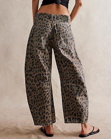 Women's Baggy Barrel Jeans Mid Rise Leopard Printed Wide Leg Denim Casual Boyfriend Ankle Pants