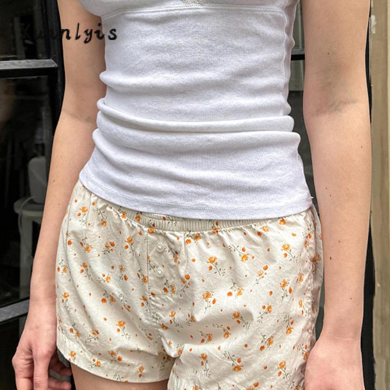 Women's Lounge Shorts Casual Loose Fitting Elastic Waist Floral Short Pants for Summer Lady Womenswear Bottom Plaid