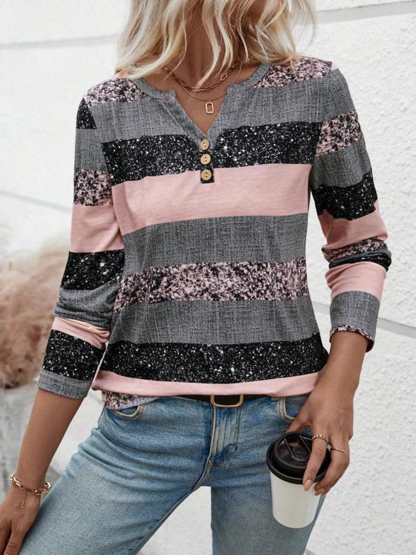 Women's Colorblock Striped Print Buttons Notched Neck Tee, Casual Long Sleeve T-shirt for Fall & Winter, Women's Clothing for Daily Wear