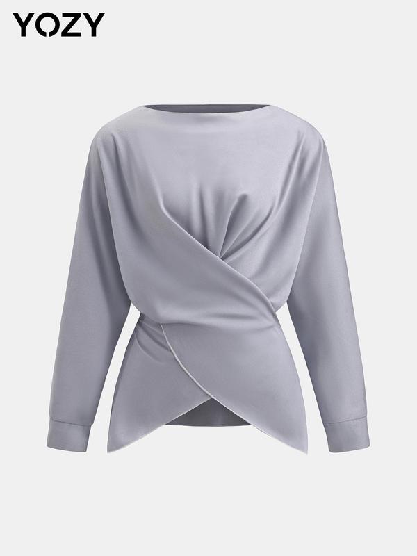 YOZY Women's Plain Ruched Wrap Batwing Sleeve Blouse, Elegant Long Sleeve Round Neck Top for Spring & Fall, Women's Clothing for Daily Wear