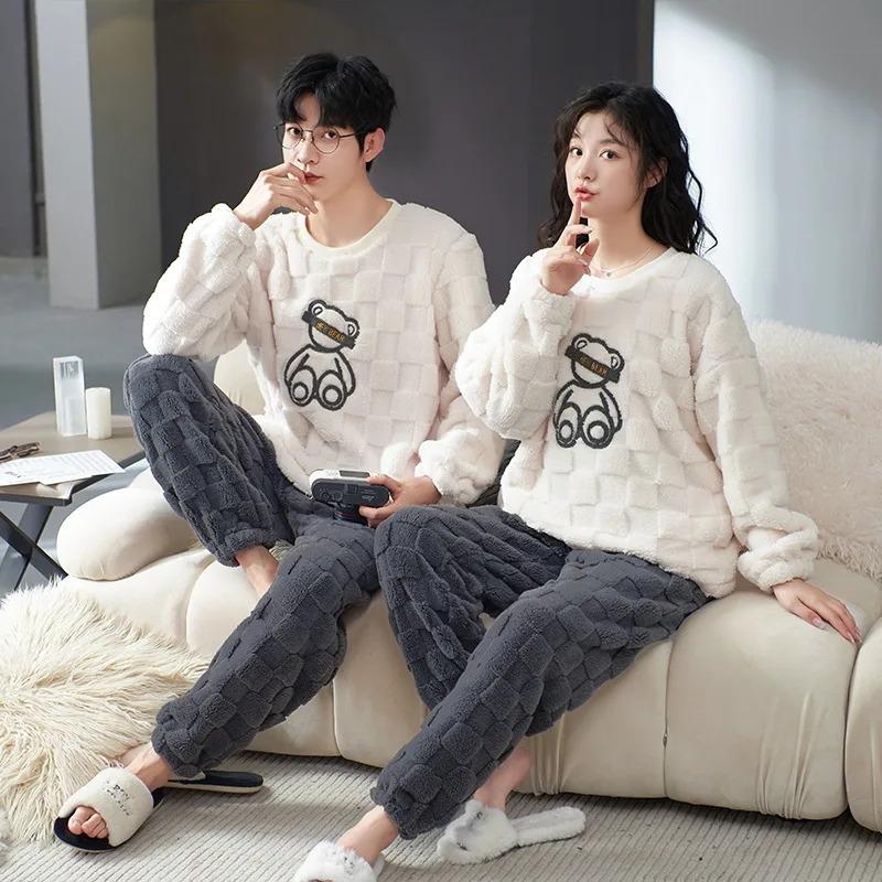 Thickened Warm Winter Couples Flannel Pajamas for Men and Women Cartoon Bear Sleepwear Loungewear Ladies Nightwear Homewear