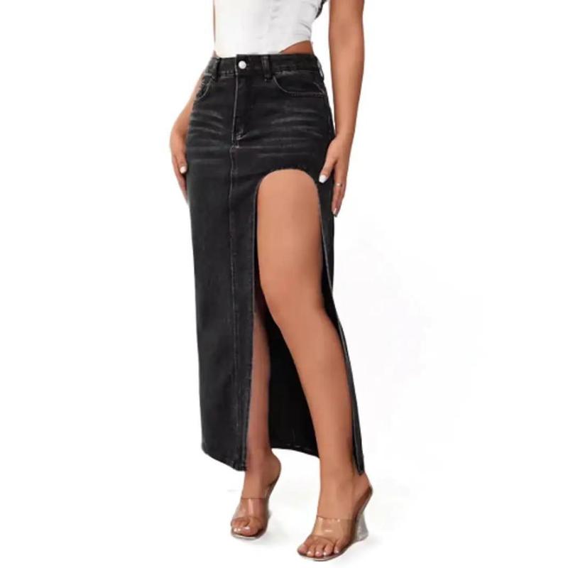 Women's Slit denim skirt for  style washed solid color mid-length skirt Jean Hippie Bottom Womenswear Cargo Maxi Parachute Retro Underwear