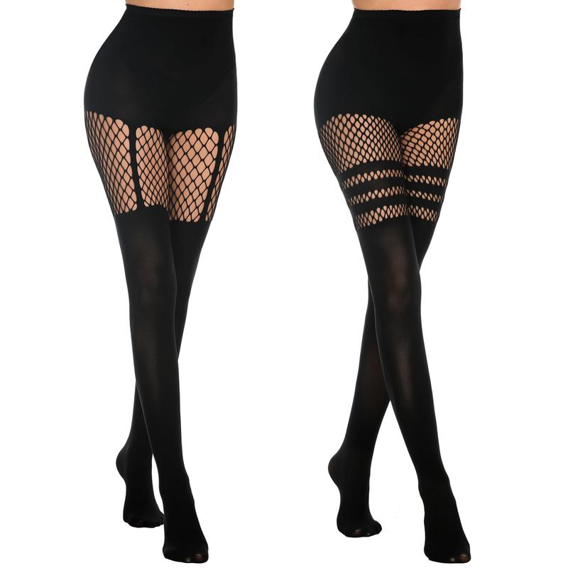 Womens Faux Thigh High Fishnet Stockings Stitching Opaque Pantyhose Mock Over the Knee Goth Striped Suspender Tights