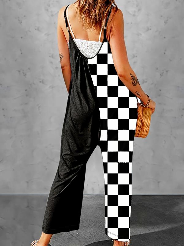 Women's Colorblock Plaid Print Pocket Backless Cami Jumpsuit, Casual Adjustable Spaghetti Strap Wide Leg Jumpsuit for Summer, Ladies Clothes for Daily Wear