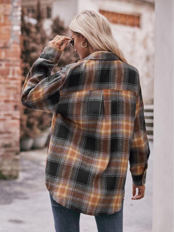 Women's Tartan Print Button Front Pocket Shirt, Casual Drop Shoulder Long Sleeve Going Out Top for Fall & Winter, Women's Clothes for Daily Wear