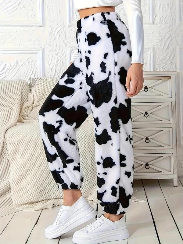 Women's Cow Print Elastic Waist Pants, Casual Comfy Jogger Trousers for Fall & Winter, Women's Bottoms for Daily Wear