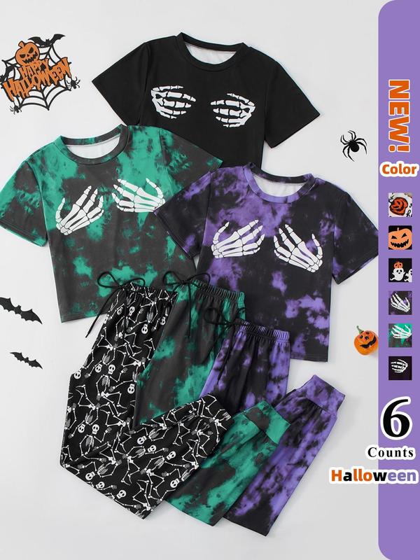 Women's Solid Short Sleeve Tee & Drawstring Pants Lounge Sets, Summer Clothes, Halloween Print Lounge Sets, Back-to-school Clothing, Sleepwear for Women, Nightwear Sets, Halloween Pajamas, Summer Wear 2024, Black Girl Wear