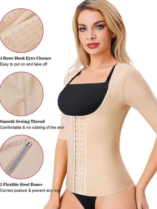 Women's Solid Color Hook & Eye Front Shapewear Top, High Stretch Tummy Control Waist Trainer Shaper, Tummy Tuck Shaper, Ladies Shapewear for All Seasons