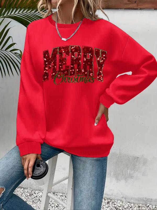 Women's Contrast Sequin Letter Print Drop Shoulder Sweatshirt, Casual Long Sleeve Round Neck Pullover for Fall & Winter, Ladies Clothes for Daily Wear