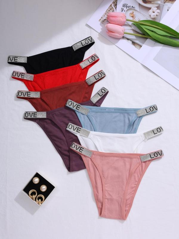 Women's Letter Rhinestone Decor Panty, Soft Knicker for Daily Wear, Comfort Basic Underwear for Women, Minimalist Womenswear for All Seasons