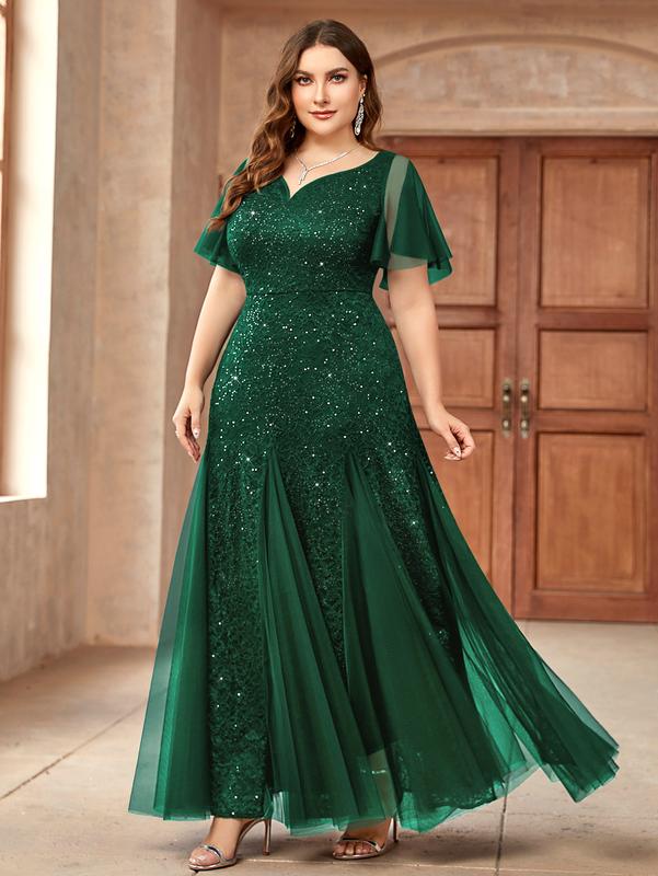 MISSMAY Women's Plus Size Sweetheart V Neck Sequins Lace Tulle Mermaid Hemline Formal Wear Festival Evening Party Maxi Dress YP24234