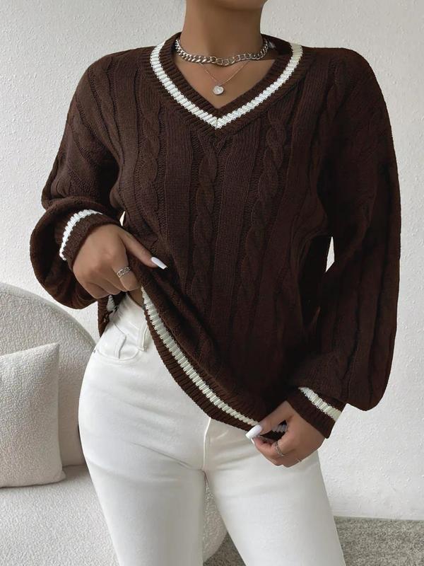 Women's Contrast Binding Drop Shoulder Cable Knit Sweater, Casual Long Sleeve V Neck Jumper for Spring & Fall, Sweaters for Women, Fashion Women's Knitwear for Daily Wear, Fall Outfits 2024, Fall Outfits, Fallfreshness Downtown Girl Clothes