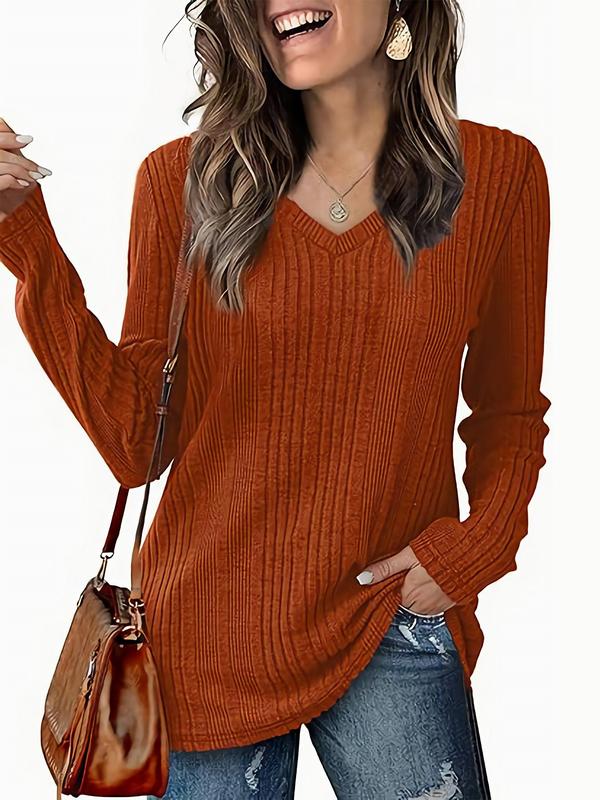 Women's Solid Color Print V Neck Ribbed Sweater, Casual Long Sleeve Jumper for Fall & Winter, Fashion Ladies' Knitwear for Daily Wear