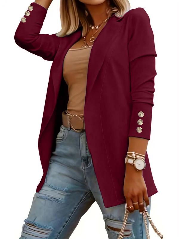 Women's Solid Button Lapel Neck Open Front Blazer, Casual Long Sleeve Outerwear for Spring & Fall, Ladies Clothes for Work Office Business