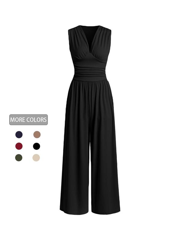 Women's Ruched Ribbed Tank Jumpsuit, Elegant V Neck Wide Leg Jumpsuit, Minimalist Basic Womenswear, Ladies Summer Clothes for Vacation Holiday Party, Fall Outfits, Apple Shape Outfits