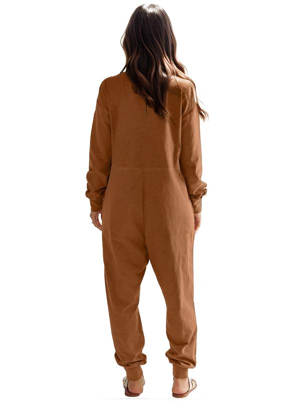 DRESSIN [Orange,Khaki,Black, size XS-XL] Women Cozy Loose Versatile Easy-on Cuffed Knit Solid V-Neck Loose Stretchy Brown Long Sleeve Jumpsuit with Pockets and Tapered Legs Soft and Comfortable for Fall and Winter Lounge wear