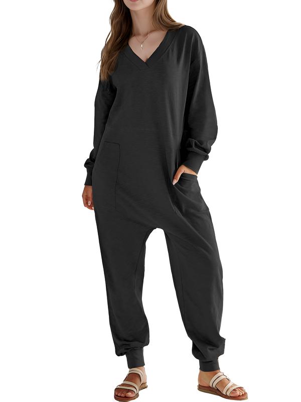 DRESSIN [Orange,Khaki,Black, size XS-XL] Women Cozy Loose Versatile Easy-on Cuffed Knit Solid V-Neck Loose Stretchy Brown Long Sleeve Jumpsuit with Pockets and Tapered Legs Soft and Comfortable for Fall and Winter Lounge wear