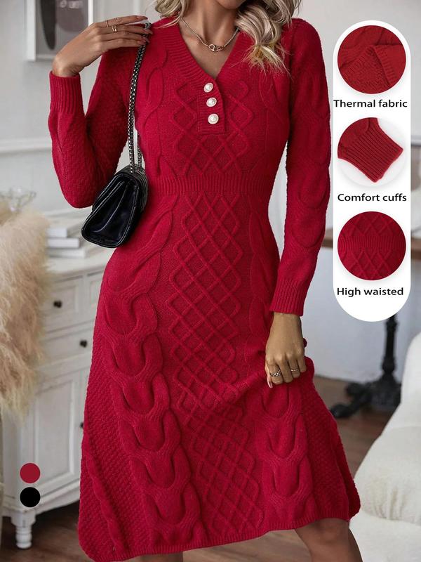 Women's Textured Faux Pearl Decor Cable Knit Sweater Dress, Elegant Long Sleeve V Neck Midi Knit Dress for Fall & Winter,  Dresses for Women, Women's Knitwear for Daily Wear, Fall Clothes