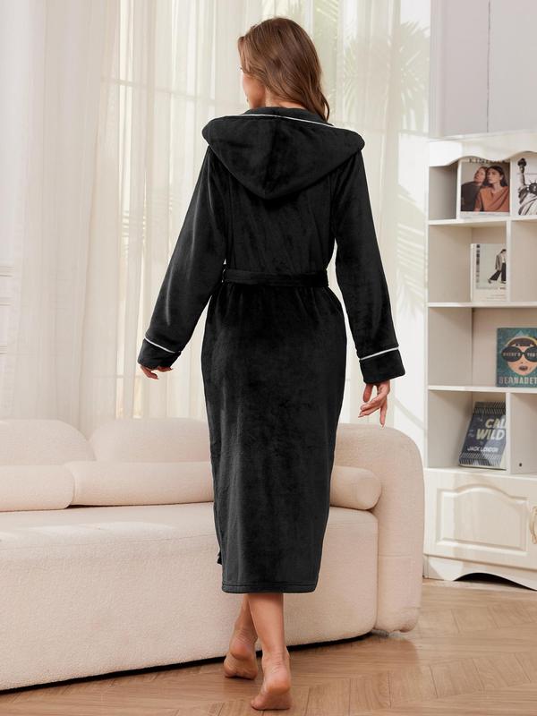 Women's Solid Contrast Binding Belted Pocket Flannel Lounge Robe, Casual Long Sleeve Hooded Bathrobe, Ladies Fall & Winter Sleepwear