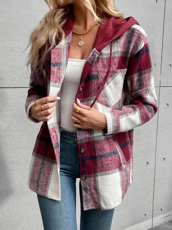 Women's Plaid Print Button Front Drawstring Hooded Coat, Casual Long Sleeve Drop Shoulder Pocket Outerwear for Fall & Winter, Ladies Clothes for Daily Wear