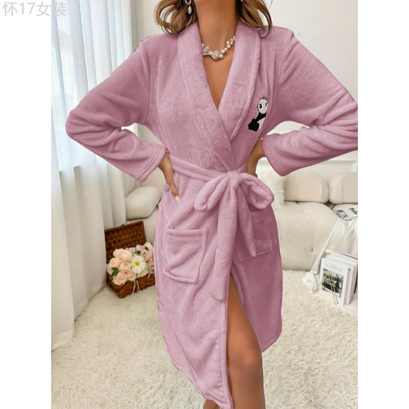 Panda Pattern Fuzzy Night Robe, Long Sleeve Lapel Robe With Pockets & Belt, Women's Sleepwear Fabric Womenswear