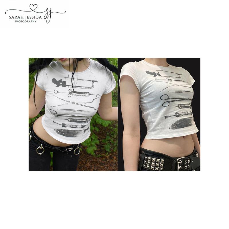 Women Crop Tops Personalized Print Short Sleeve Round Neck Casual T-Shirts Summer Slim Fit Shirts Streetwear Womenswear Check