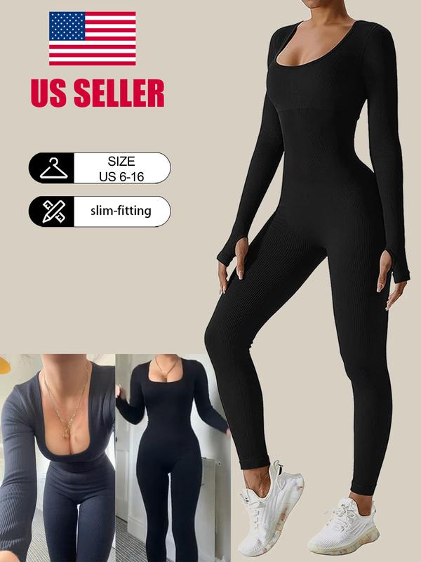 Women's Ribbed Jumpsuit, Casual Tummy Control High Stretch Shapewear Jumpsuit, Long Sleeve Bodysuit for Workout and Sports, Solid Color Seamless Playsuit - Check, Womenswear, Ladies Shapewear Clothes for Daily Wear#SSL1 Tops Longsleeves Comfort Basic