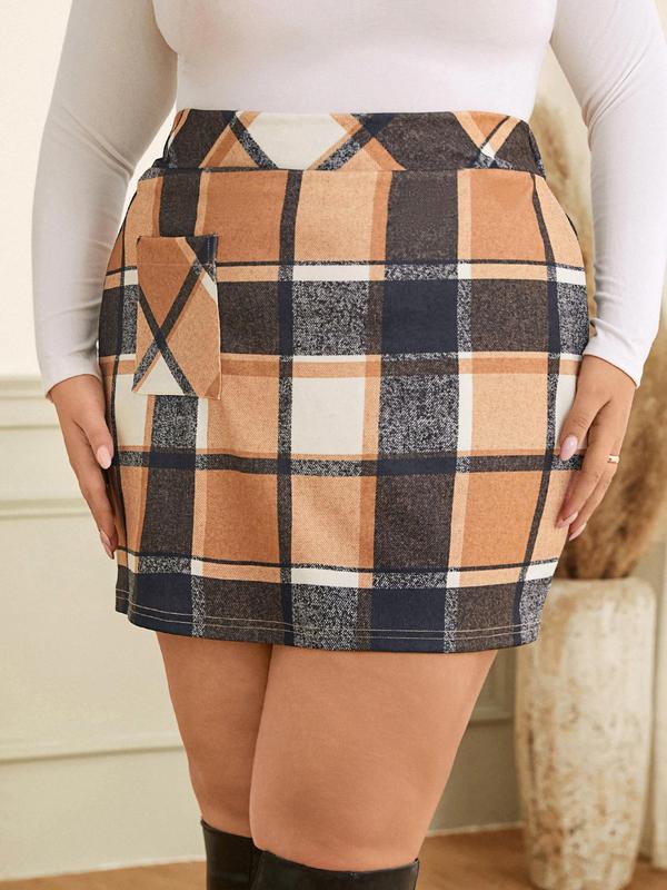 CURVZY Plus Size Plaid Print Pocket Bodycon Skirt, Casual Fashion Short Skirt for Daily Outdoor Wear, Women Clothing for All Seasons