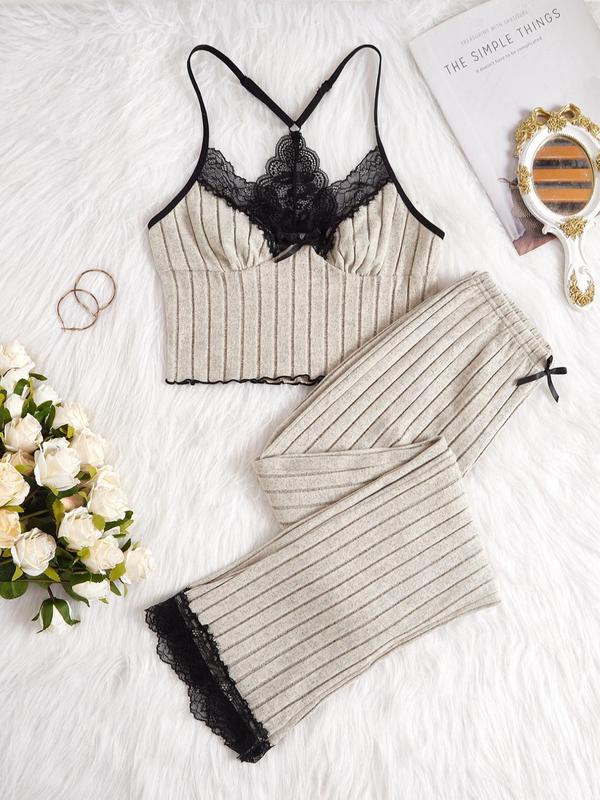 Two-Piece Set Women's Contrast Lace Crop Cami Top & Elastic Waist Pants Pyjama Set, Casual Comfy Spaghetti Strap Camisole & Bow Decor Trousers PJ Set, Ladies Sleepwear for All Seasons