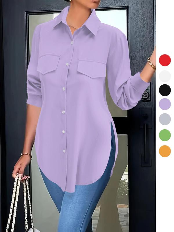 Women's Basic Button Front Longsleeves Split Hem Shirt, Summer Clothes Women, Casual Work Clothes, Minimalist Long Sleeve Collared Top,  Going Out Tops,  Office Outfits Womenwear