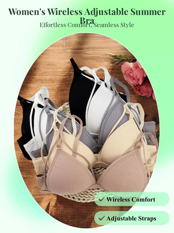 Women's Minimalist Summer Basic Solid Wireless Bra, Back To School Lingerie for Women, Lady Casual Comfortable Adjustable Strap Push Up Bra for Summer Daily Wear, Softness Lingerie Wear for All Seasons, Womenswear Underwear